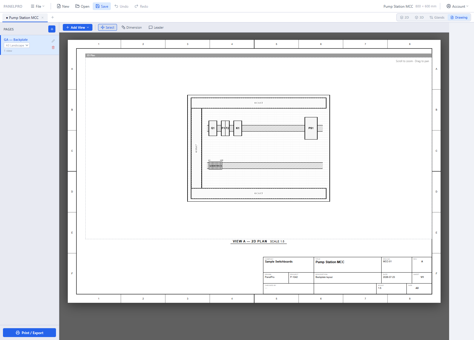 The drawing view: an A3 landscape sheet with zone references, a 2D plan of the backplate at scale 1 to 5, and a completed title block.