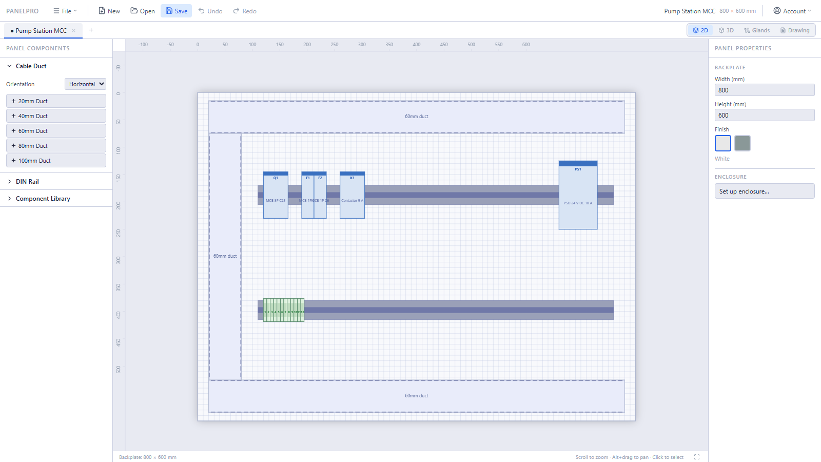 The PanelPro 2D editor: an 800 by 600 millimetre backplate with slotted finger duct, two DIN rails, breakers, a contactor, a power supply and twelve auto-numbered terminals, with the panel properties sidebar open.