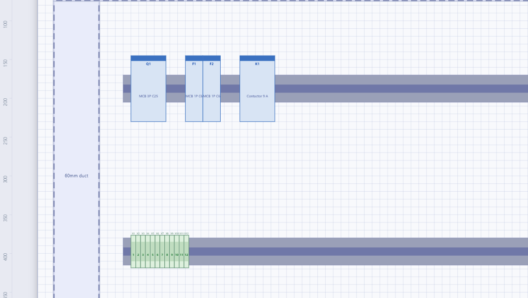 Close-up of the 2D editor: DIN-mounted breakers Q1, F1 and F2, contactor K1 and a strip of twelve auto-numbered terminals between runs of slotted finger duct.