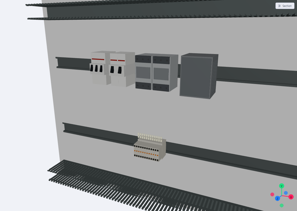 The 3D view: an 800 by 600 millimetre backplate with slotted finger duct top and bottom, two DIN rails, breakers with toggle levers, two contactors, a finned power supply and a strip of twelve numbered terminals, rendered as solid geometry.